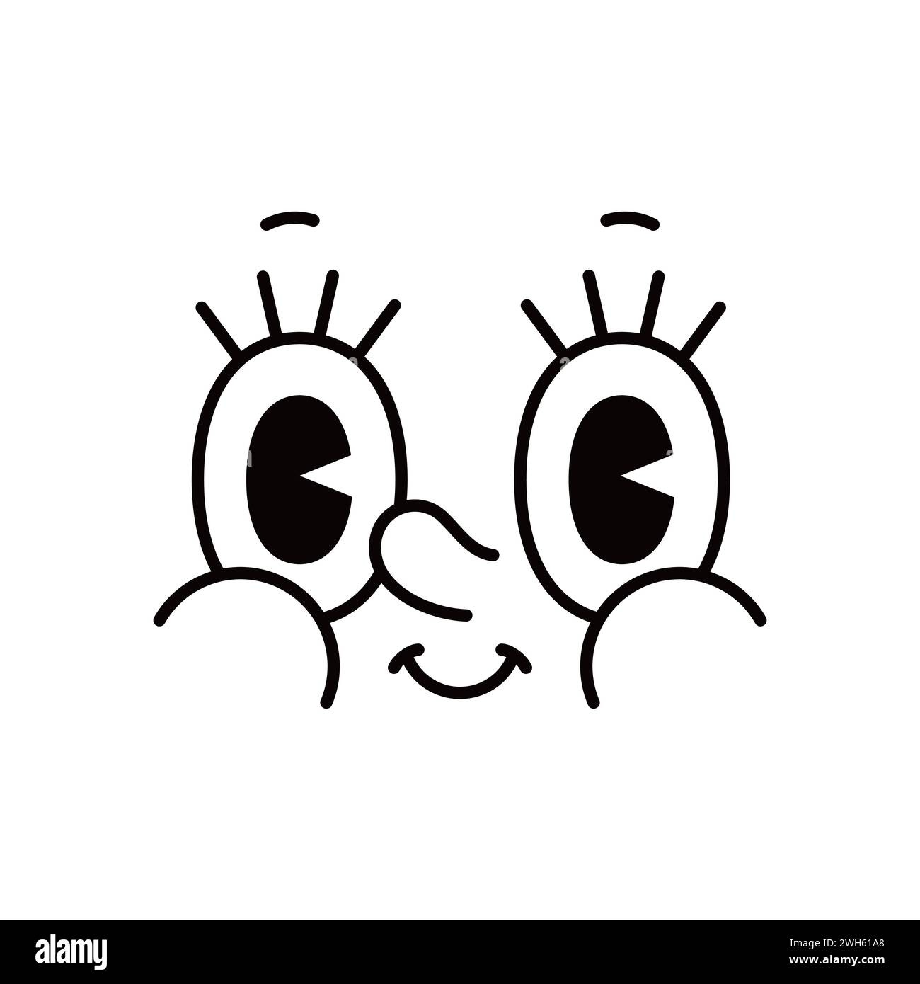 Cartoon face, groovie retro funny emoji with big eyes and nose, vector emoticon character. Comic groovy face emotion with happy or surprised wow goggle eyes and long eyelash in retro cartoon animation Stock Vector