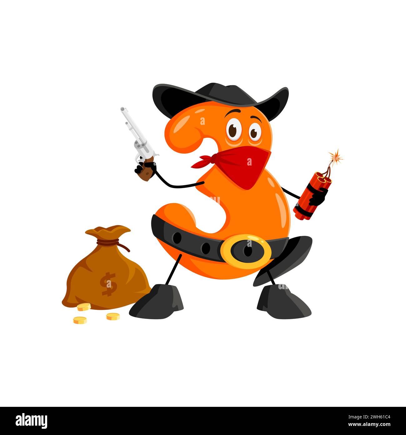 Cartoon math number three cowboy and ranger, robber and bandit character. Isolated vector 3 personage with a revolver, dynamite, and a money sack, calculates chaos, in the wildest numerical showdowns Stock Vector