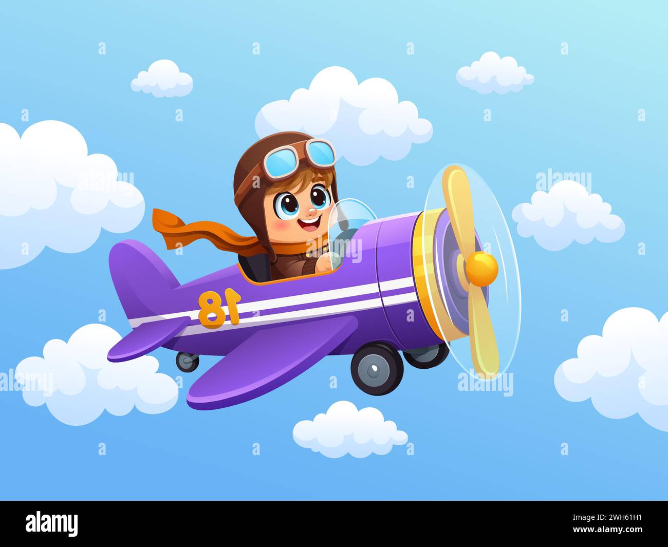 Kid flying on plane in sky clouds. Boy pilot on airplane. Cartoon vector smiling child aviator engage on aircraft travel. soaring through the cloudscape, filled with adventurous excitement and wonder Stock Vector