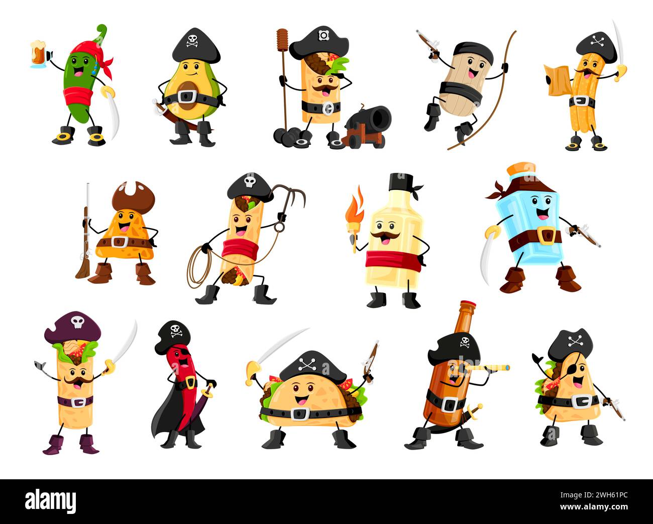 Cartoon pirate and corsair tex mex mexican food and drink characters. Cute filibuster captain and sailors fast food vector personages. Happy pirate taco, nachos, burrito and chili, avocado and tequila Stock Vector