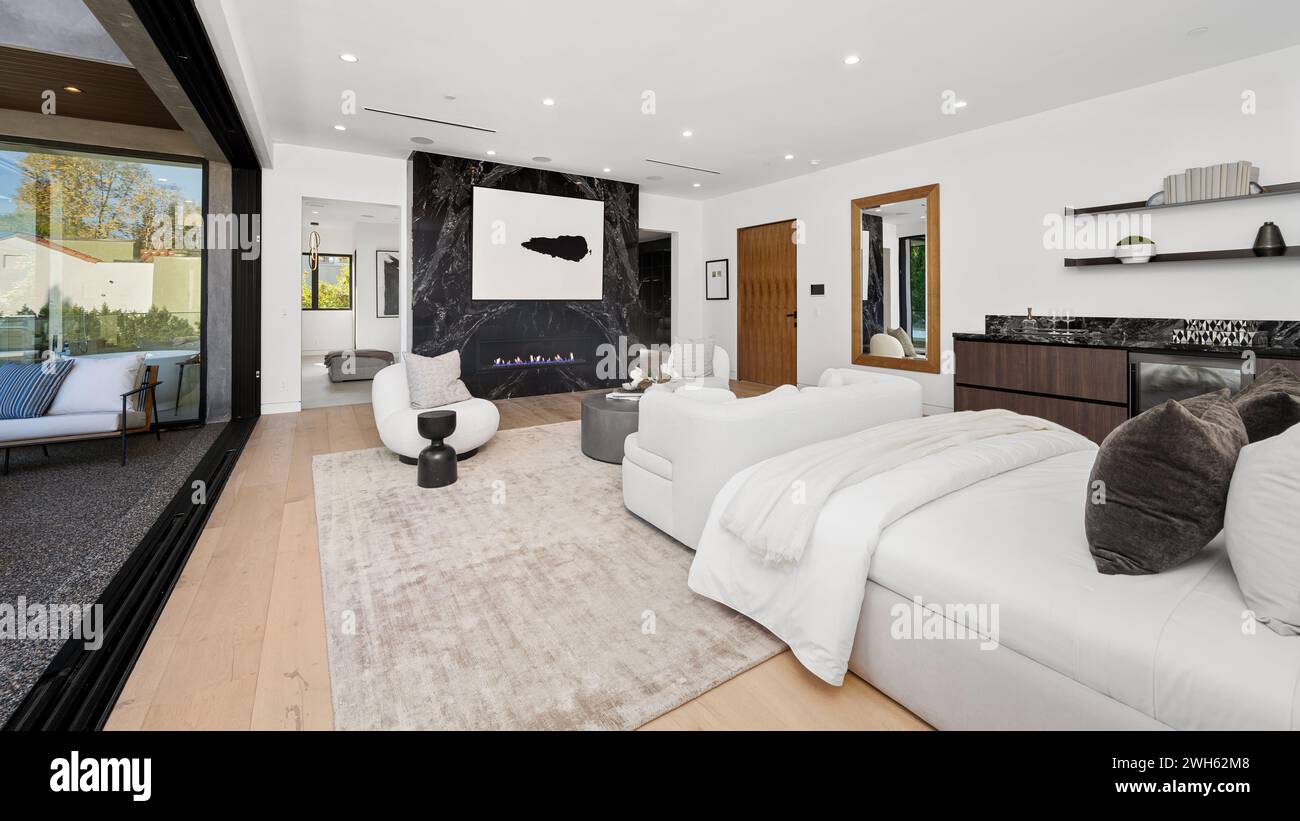 A stylishly furnished bedroom in a modern house in the blackandwhite