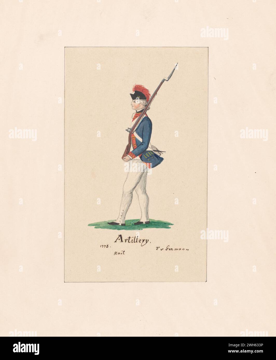 “Watercolor of a Soldier from the Artillery detachments regiment in the Brunswick (Braunschweig) Corps during the American Revolutionary War” circa 1778.   From a series of prints by Friedrich von German captain of a regiment from Hesse-Hanau, one of the many German auxiliary troops hired by George III to fight in the American Revolution. He arrived in North America in 1775 During the war, he painted a series of watercolors of American, British, and German soldiers. Stock Photo