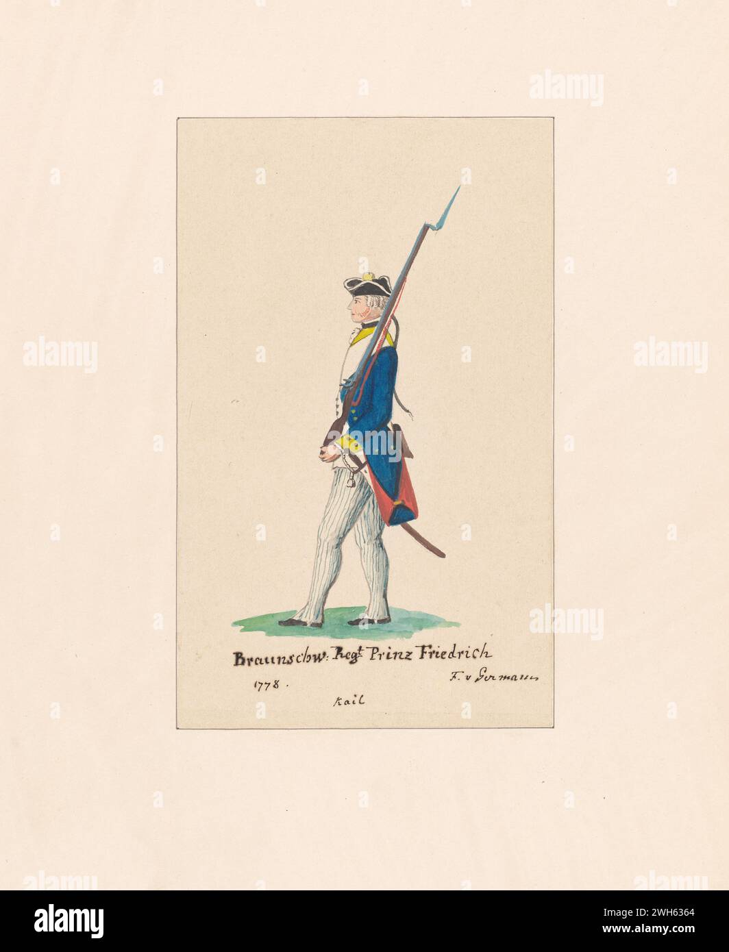 “Watercolor of a Soldier from the “Musketeer Regiment Prinz Friedrich”  in the Brunswick (Braunschweig) Corps during the American Revolutionary War” circa 1778.    From a series of prints by Friedrich von German captain of a regiment from Hesse-Hanau, one of the many German auxiliary troops hired by George III to fight in the American Revolution. He arrived in North America in 1775 During the war, he painted a series of watercolors of American, British, and German soldiers. Stock Photo