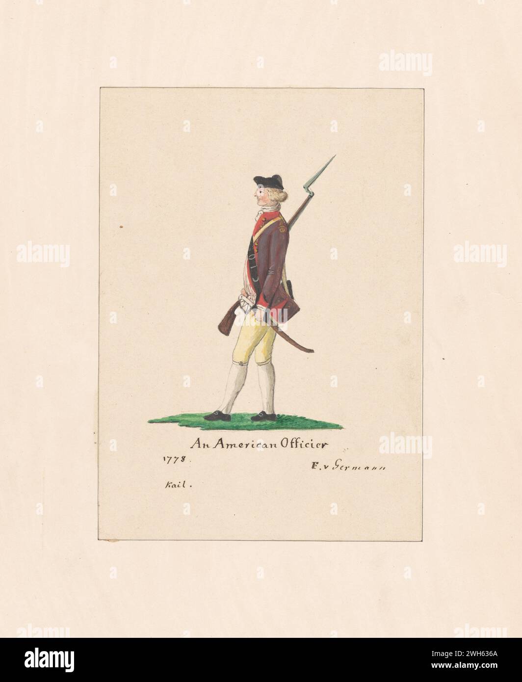 “Watercolor of an American Officer during the American Revolutionary War” circa 1778. From a series of prints by Friedrich von German captain of a regiment from Hesse-Hanau, one of the many German auxiliary troops hired by George III to fight in the American Revolution. He arrived in North America in 1775 During the war, he painted a series of watercolors of American, British, and German soldiers. Stock Photo