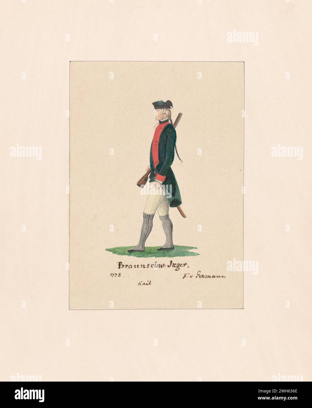 “Watercolor of a Soldier from the Battalion de chasseurs (Jaegers)  in the Brunswick (Braunschweig) Corps during the American Revolutionary War” circa 1778.  The battalion was light infantry.   From a series of prints by Friedrich von German captain of a regiment from Hesse-Hanau, one of the many German auxiliary troops hired by George III to fight in the American Revolution. He arrived in North America in 1775 During the war, he painted a series of watercolors of American, British, and German soldiers. Stock Photo