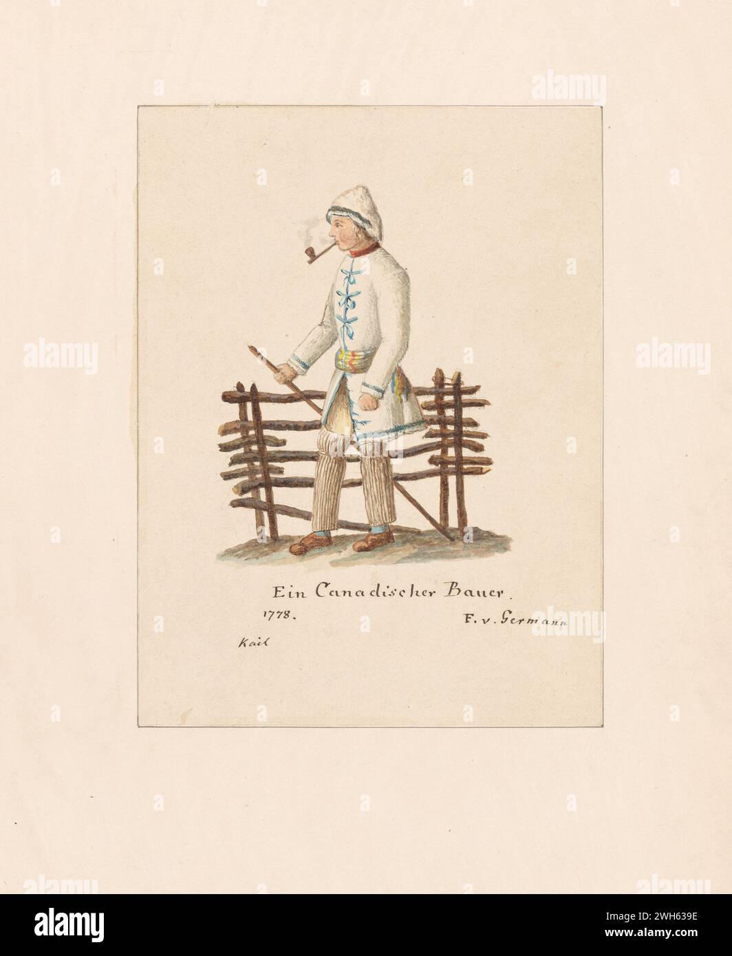 “Watercolor of a Canadian peasant/farmer in period winter clothing”  circa 1778.   From a series of prints by Friedrich von German captain of a regiment from Hesse-Hanau, one of the many German auxiliary troops hired by George III to fight in the American Revolution. He arrived in North America in 1775 During the war, he painted a series of watercolors of American, British, and German soldiers. Stock Photo