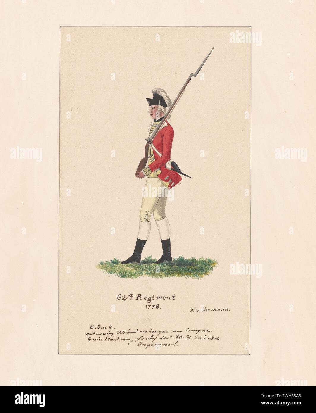 “Watercolor of a Soldier from the British 62nd Regiment of Foot during the American Revolutionary War” circa 1778.   From a series of prints by Friedrich von German captain of a regiment from Hesse-Hanau, one of the many German auxiliary troops hired by George III to fight in the American Revolution. He arrived in North America in 1775 During the war, he painted a series of watercolors of American, British, and German soldiers. Stock Photo