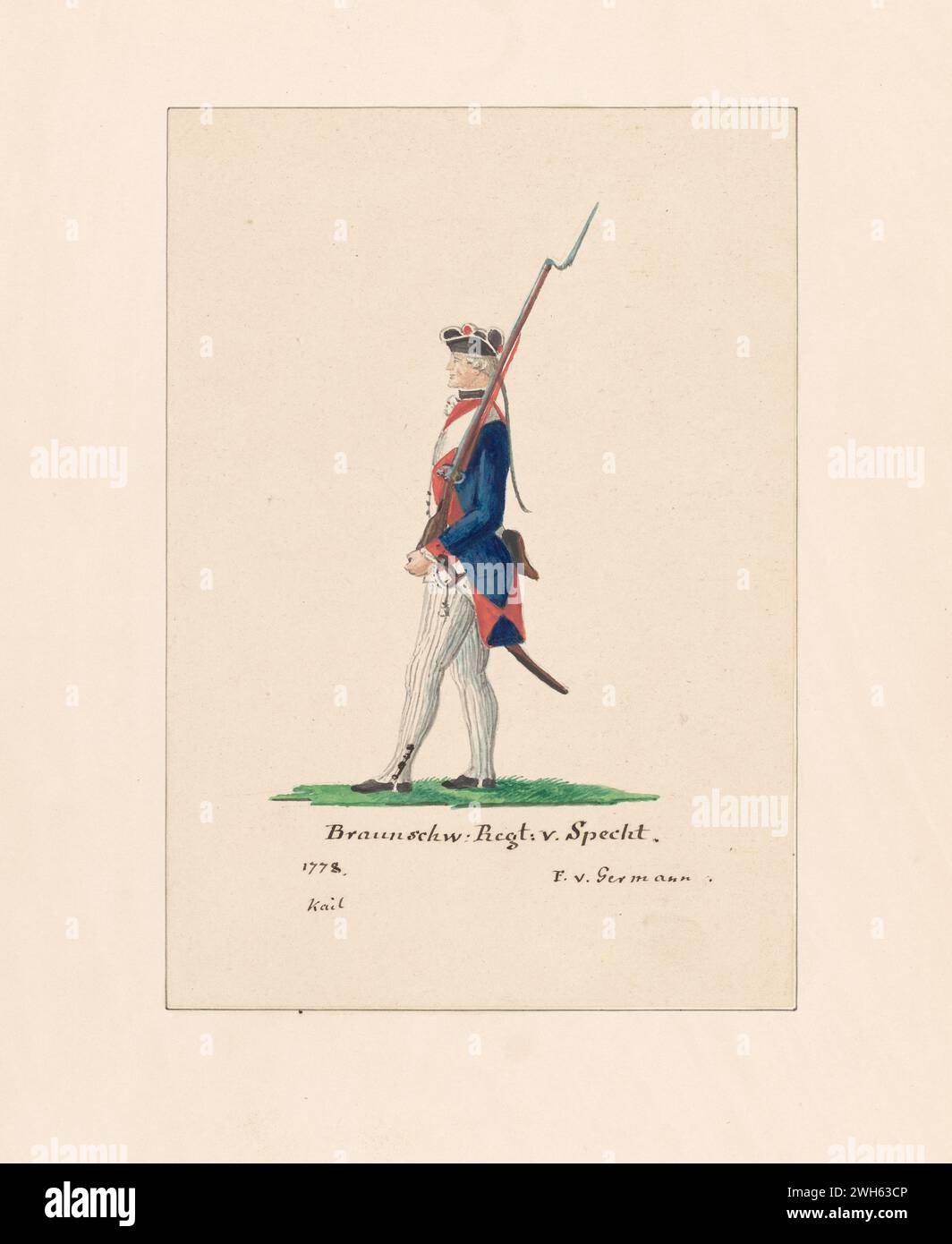 “Watercolor of a Soldier from the “Musketeer Regiment von Riedesel”  in the Brunswick (Braunschweig) Corps during the American Revolutionary War” circa 1778.    From a series of prints by Friedrich von German captain of a regiment from Hesse-Hanau, one of the many German auxiliary troops hired by George III to fight in the American Revolution. He arrived in North America in 1775 During the war, he painted a series of watercolors of American, British, and German soldiers. Stock Photo