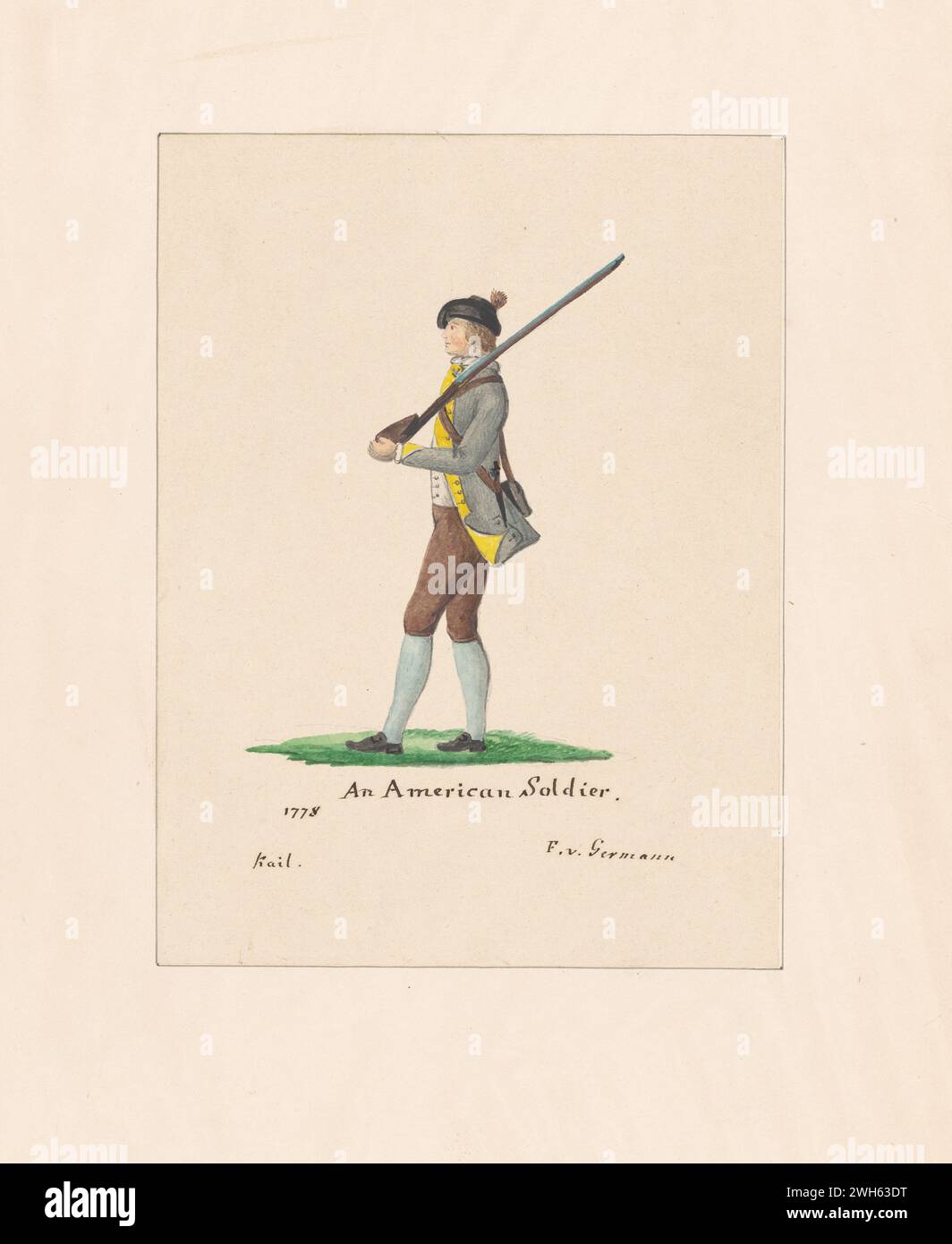 “Watercolor of an American Soldier during the American Revolutionary War” circa 1778. From a series of prints by Friedrich von German captain of a regiment from Hesse-Hanau, one of the many German auxiliary troops hired by George III to fight in the American Revolution. He arrived in North America in 1775 During the war, he painted a series of watercolors of American, British, and German soldiers. Stock Photo