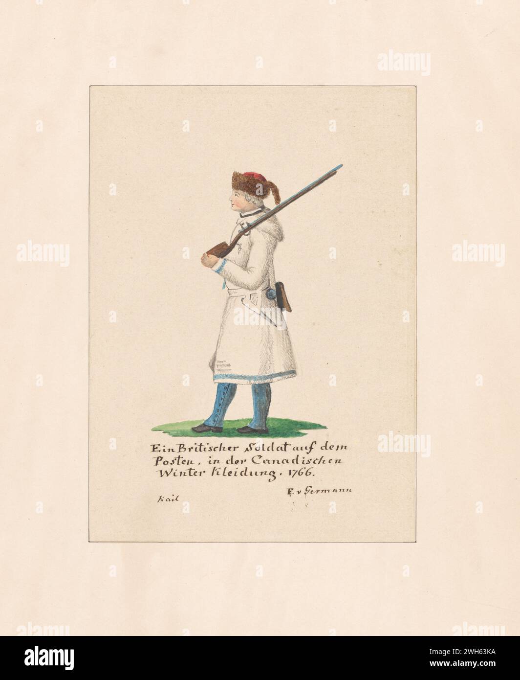 “Watercolor of a British Soldier dress in Canadian winter uniform during the American Revolutionary War” . From a series of prints by Friedrich von German captain of a regiment from Hesse-Hanau, one of the many German auxiliary troops hired by George III to fight in the American Revolution. He arrived in North America in 1775 During the war, he painted a series of watercolors of American, British, and German soldiers. Stock Photo