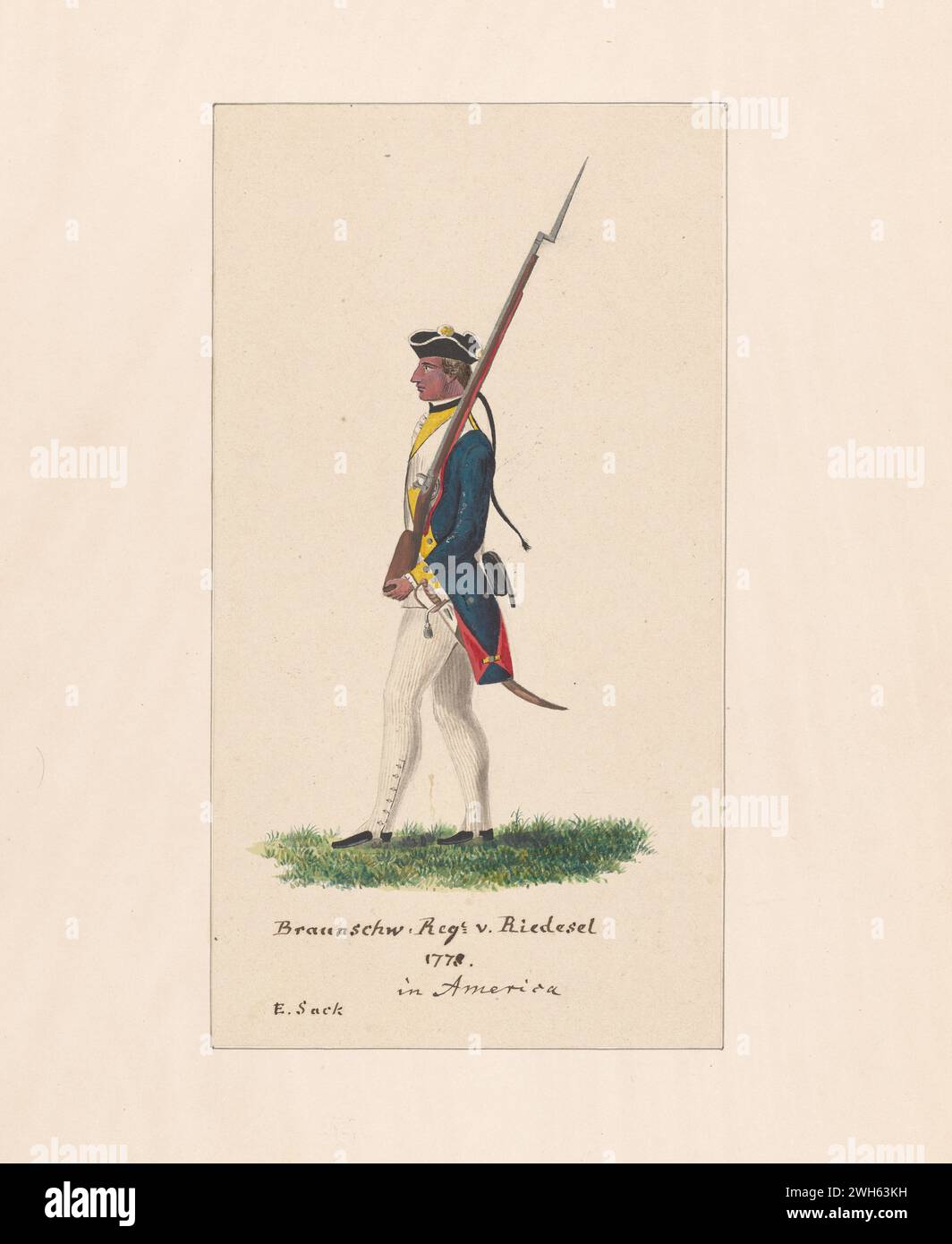 “Watercolor of a Soldier from a regiment in the Brunswick (Braunschweig) Corps during the American Revolutionary War” circa 1778.    From a series of prints by Friedrich von German captain of a regiment from Hesse-Hanau, one of the many German auxiliary troops hired by George III to fight in the American Revolution. He arrived in North America in 1775 During the war, he painted a series of watercolors of American, British, and German soldiers.  This regiment operated under Major General Riedesel Stock Photo