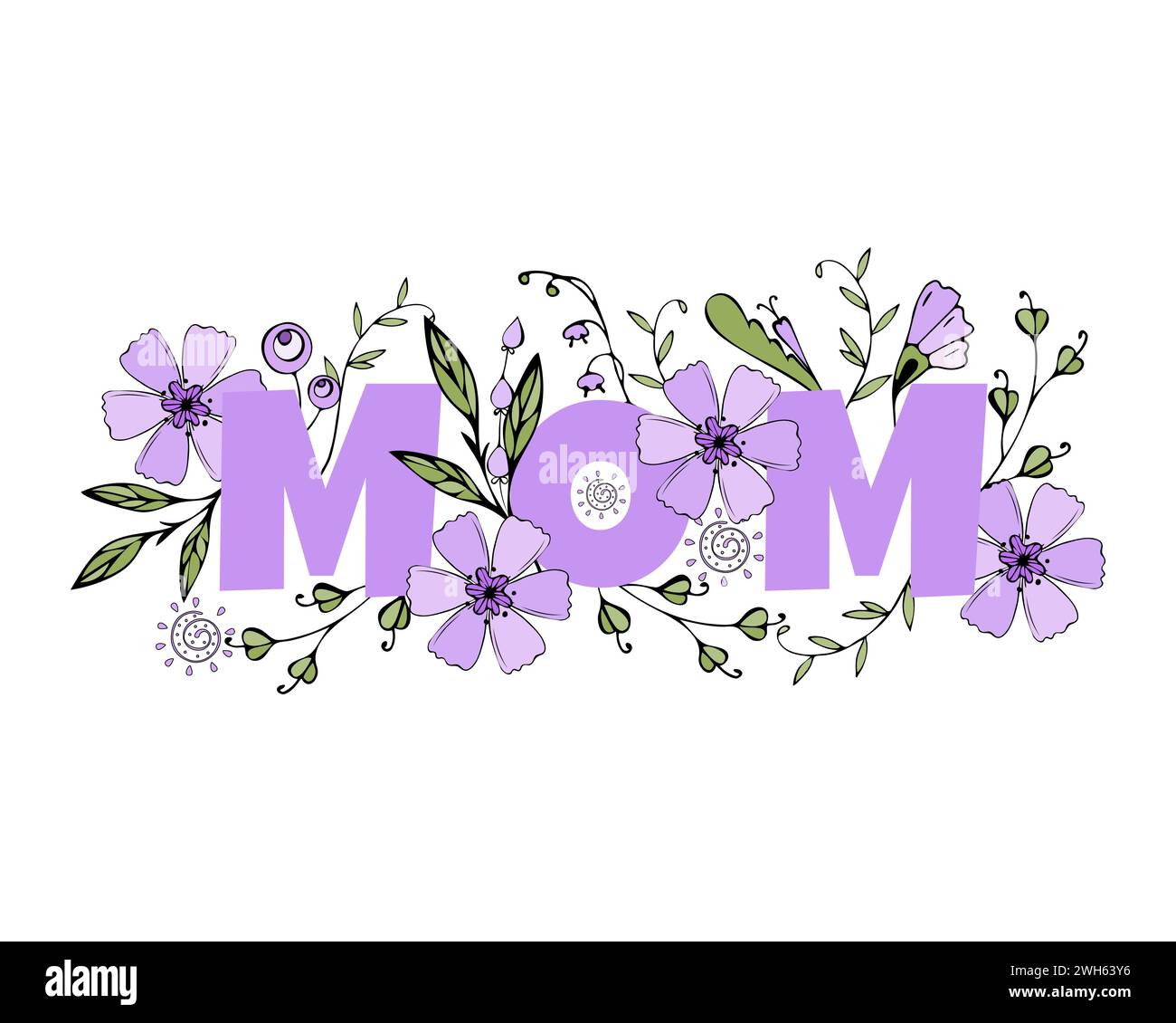 An artistic representation of the word MOM in bold purple letters, adorned with intricate flowers and green foliage, symbolizing affection and appreciation. Stock Vector