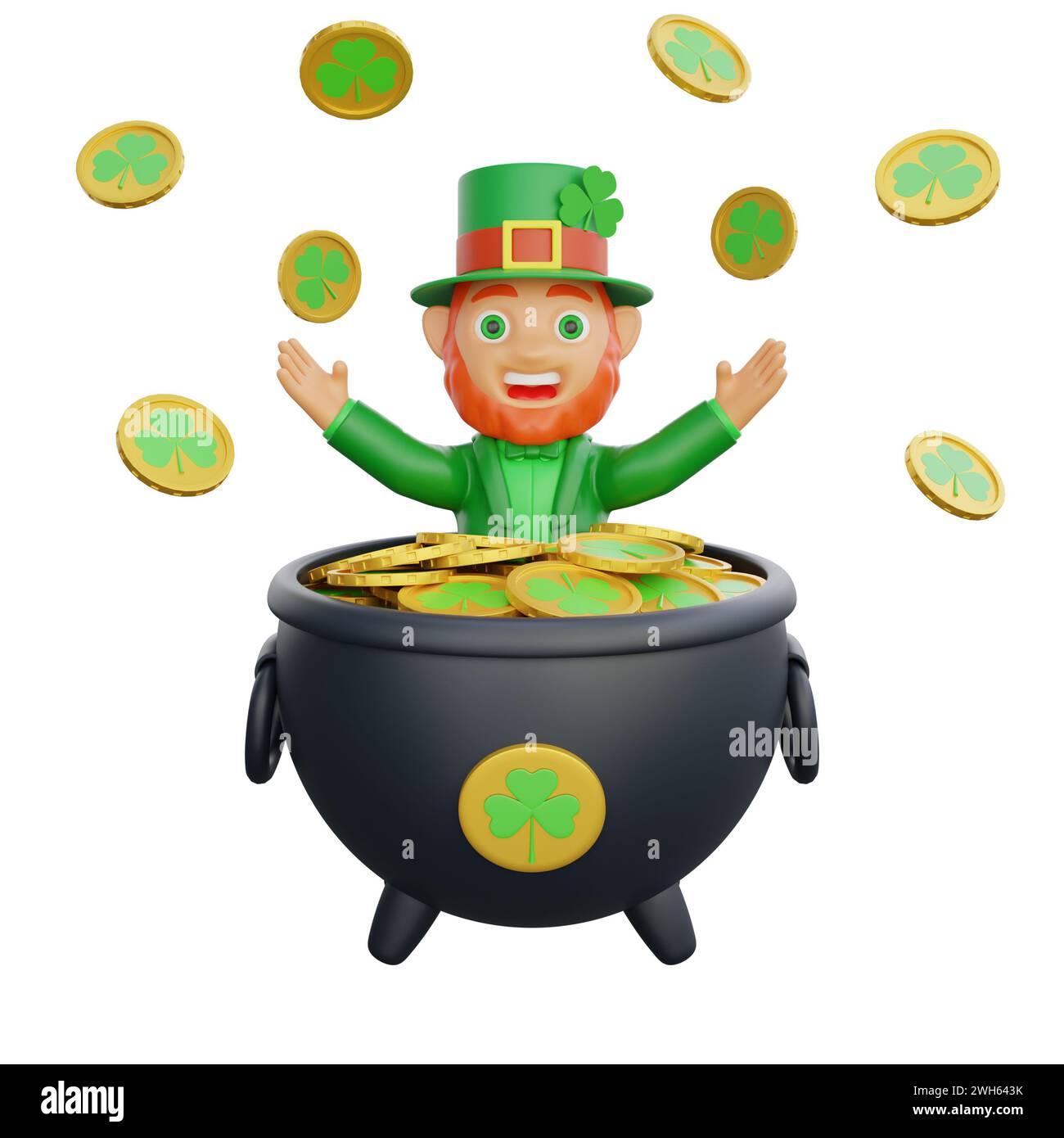 3D illustration of a joyful leprechaun inside a cauldron surrounded by ...