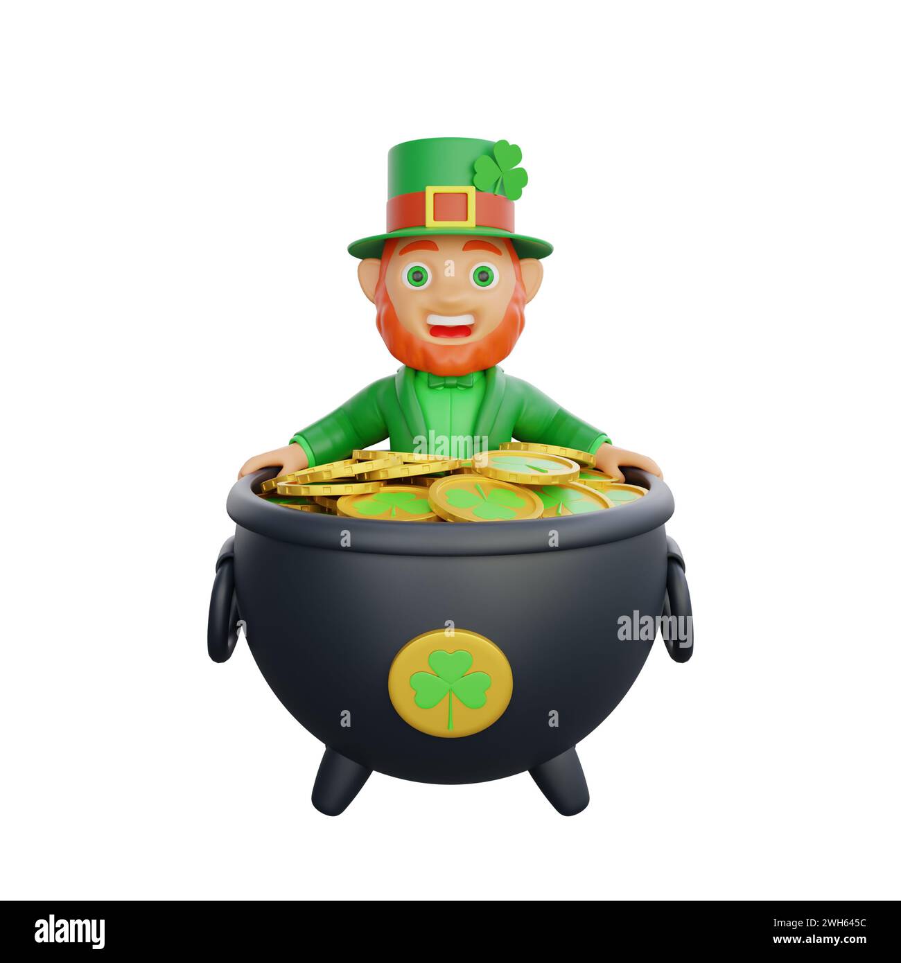 3D illustration of a joyful leprechaun inside a cauldron surrounded by ...