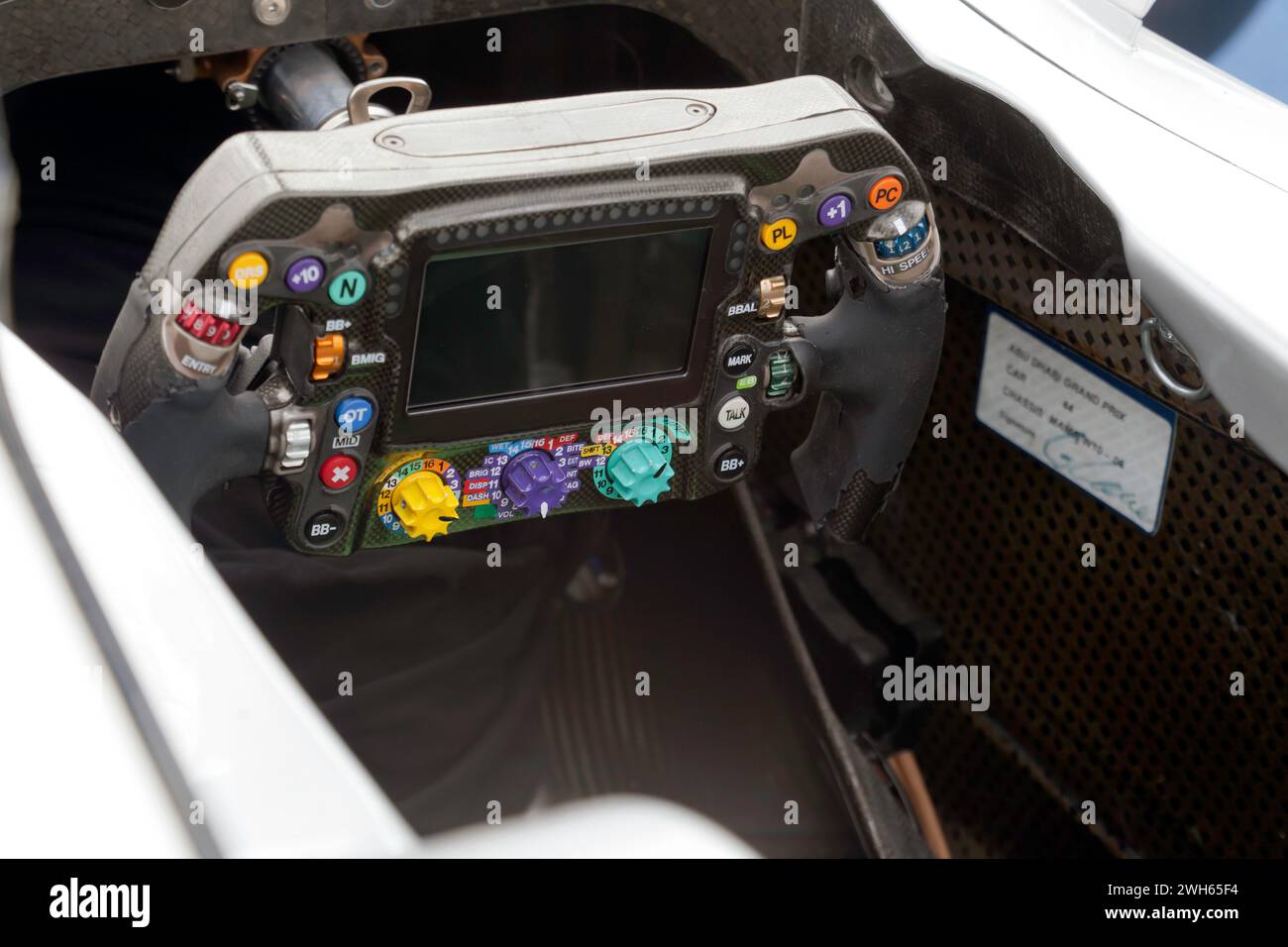 Close-up of the Steering Wheel in the Mercedes  AMG Petronas F1 W05 Hybrid F1 Car, driven by Lewis Hamilton and Nico Rosberg. Stock Photo
