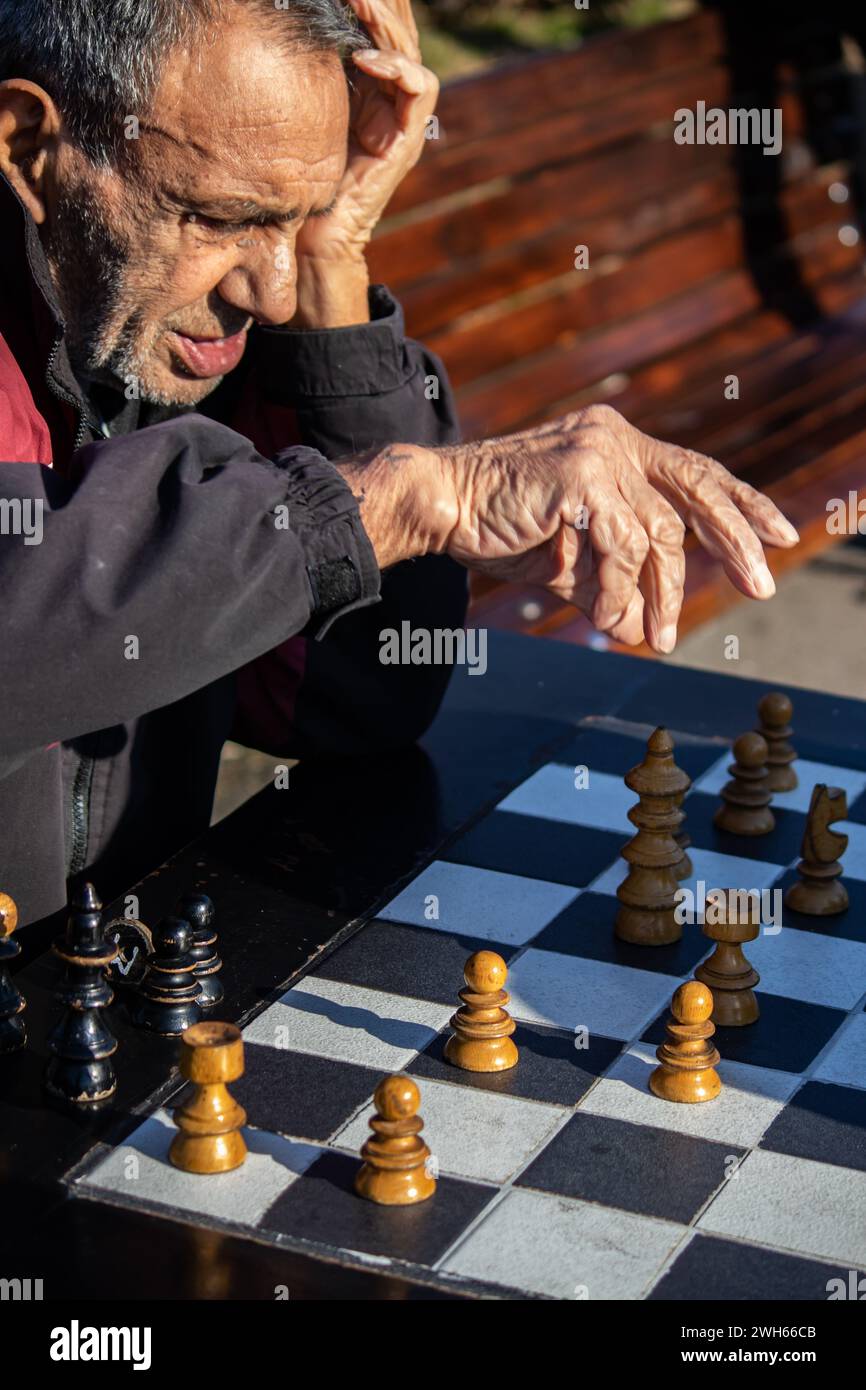 Group of elder people in 70's enjoying company and playing chess with friends in public park on sunny day Stock Photo