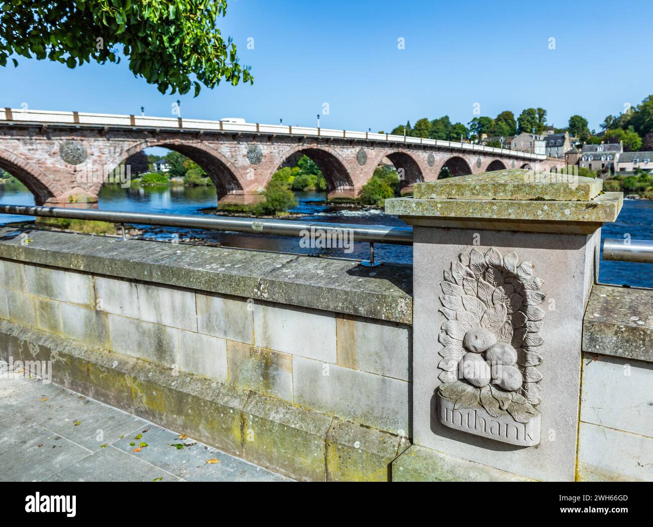 Stone carving beside the Old Bridge over the River Tay in the City of Perth, Scotland Stock Photo
