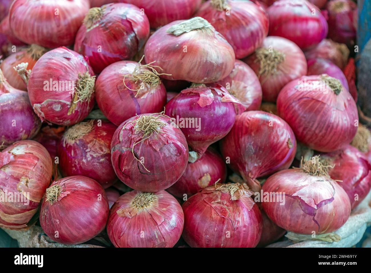 Red Onions (Allium cepa) on local vegetable market, Cusco, Peru. Stock Photo