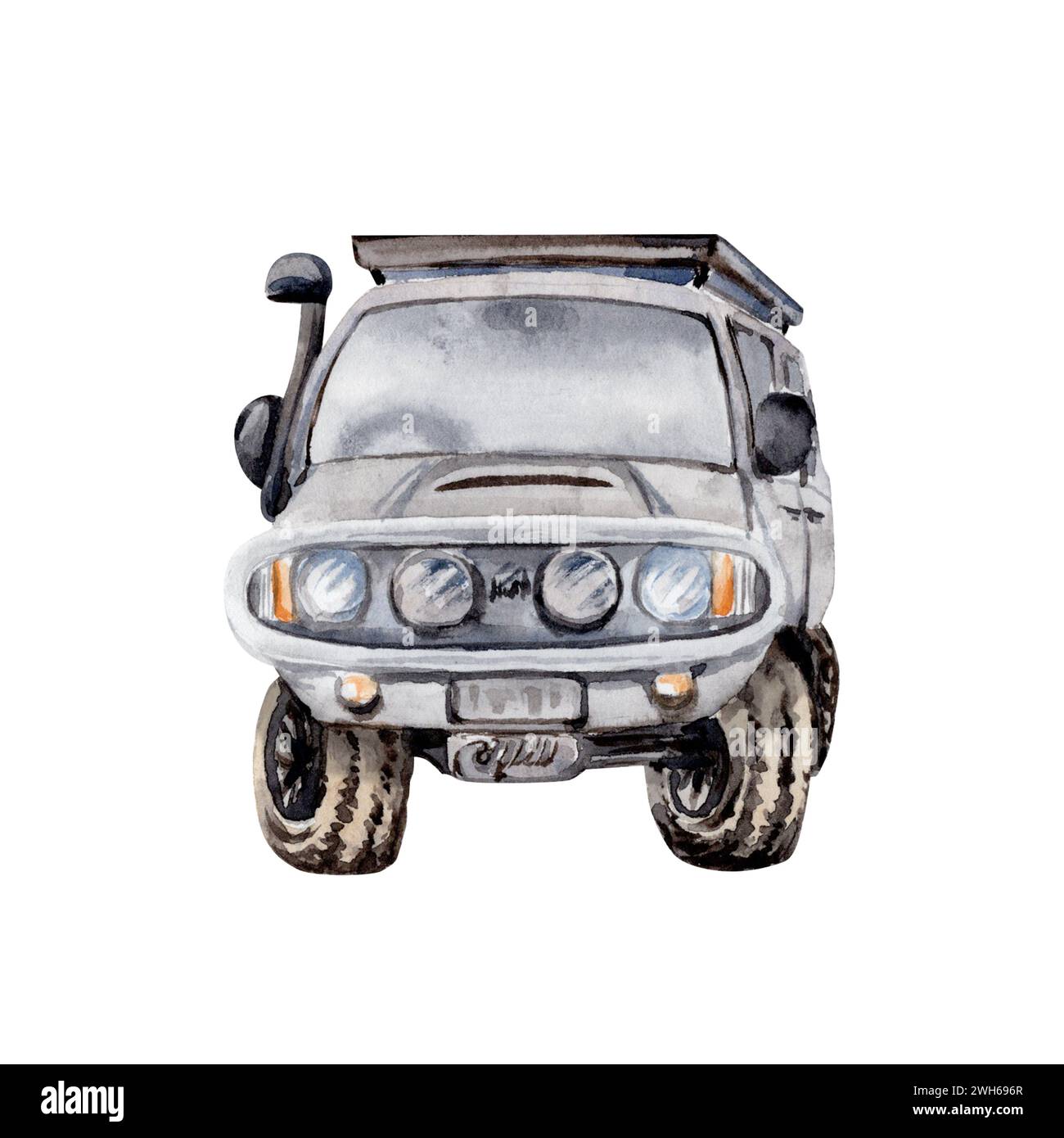 Front view of white car with roof rack. Hand drawn element for ...