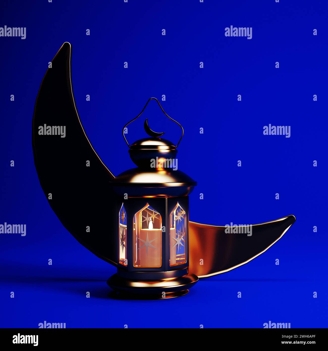 Ramadan night background with golden lantern, crescent moon and copy ...