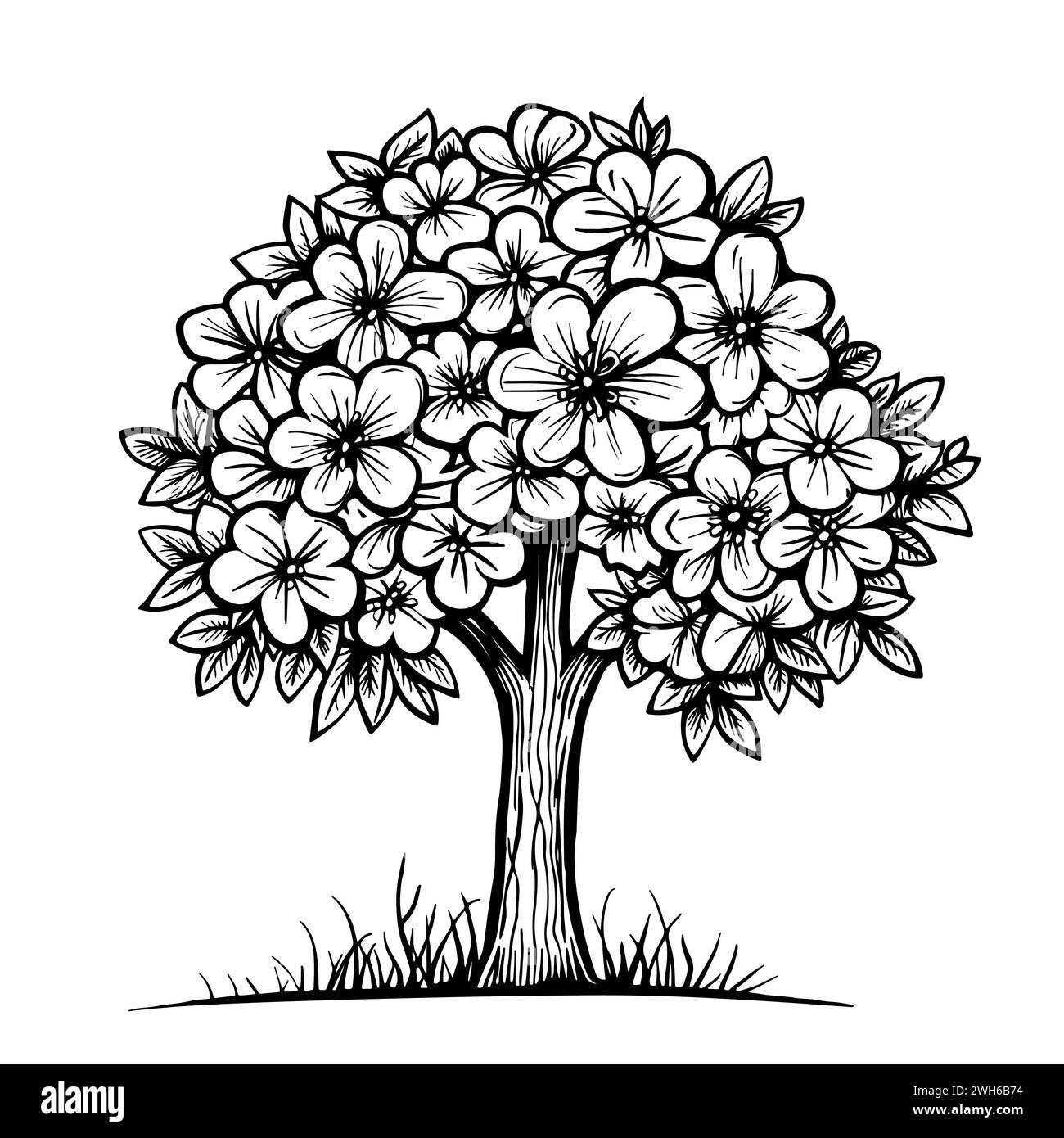 Tree with leaves and flowers silhouette on white background. Coloring