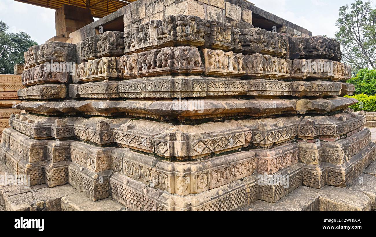 Carved Designs Outside on the Shri Pataleshwar Temple, it was built By Somraj, a Brahmin in 12th Century, Malhar, Bilaspur, Chhattisgarh, India. Stock Photo