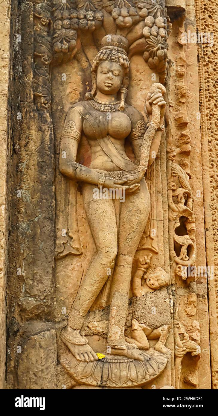 Carving Sculpture of Ganga on the Right Side of the Temple Entrance, Bhima Kichak Temple, Malhar, Bilaspur, Chhattisgarh, India. Stock Photo