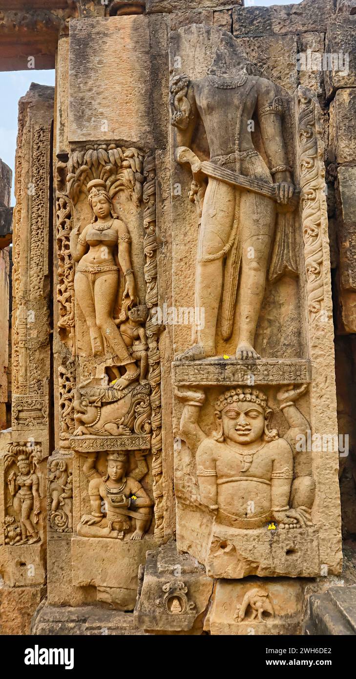 Carvings of Yamuna, Dwarapala and Kichak on the Entrance of Bhima Kichak Temple, Malhar, Bilaspur, Chhattisgarh, India. Stock Photo