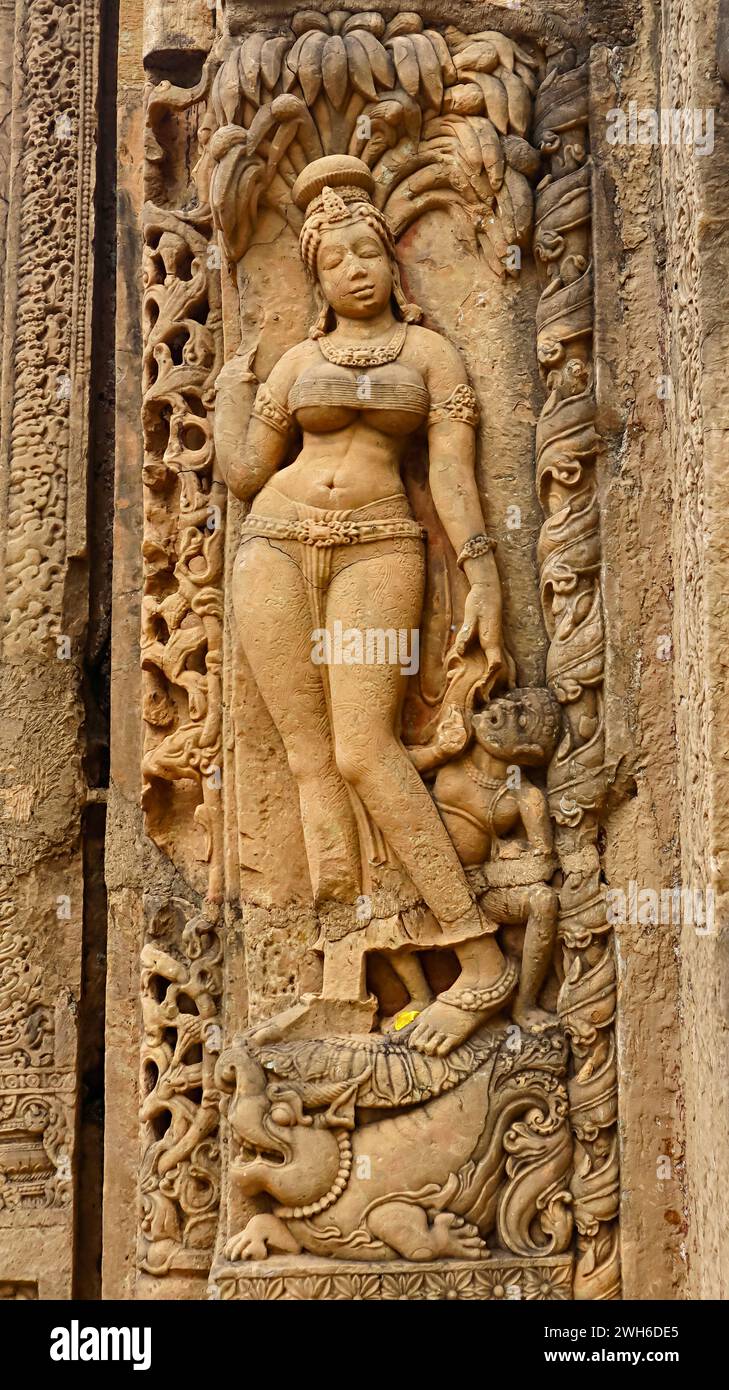 Carving of Yamuna on the Entrance of Bhima Kichak Temple, Malhar, Bilaspur, Chhattisgarh, India. Stock Photo