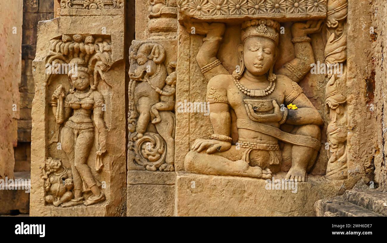 Carving Sculptures of Kichak on the Bhima Kichak Temple, Malhar, Bilaspur, Chhattisgarh, India. Stock Photo