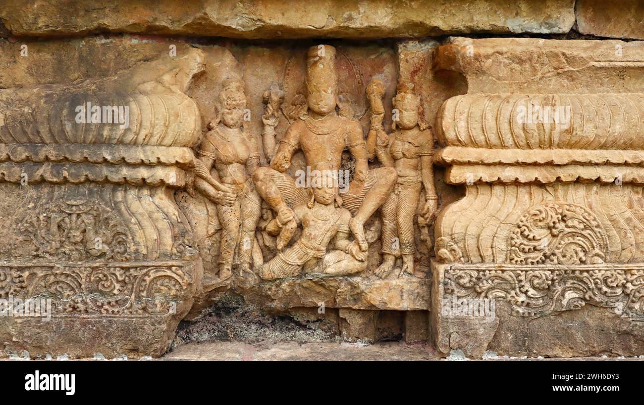 Carving Sculptures of Hindu Deities on the Bhima Kichak Temple, Malhar, Bilaspur, Chhattisgarh, India. Stock Photo