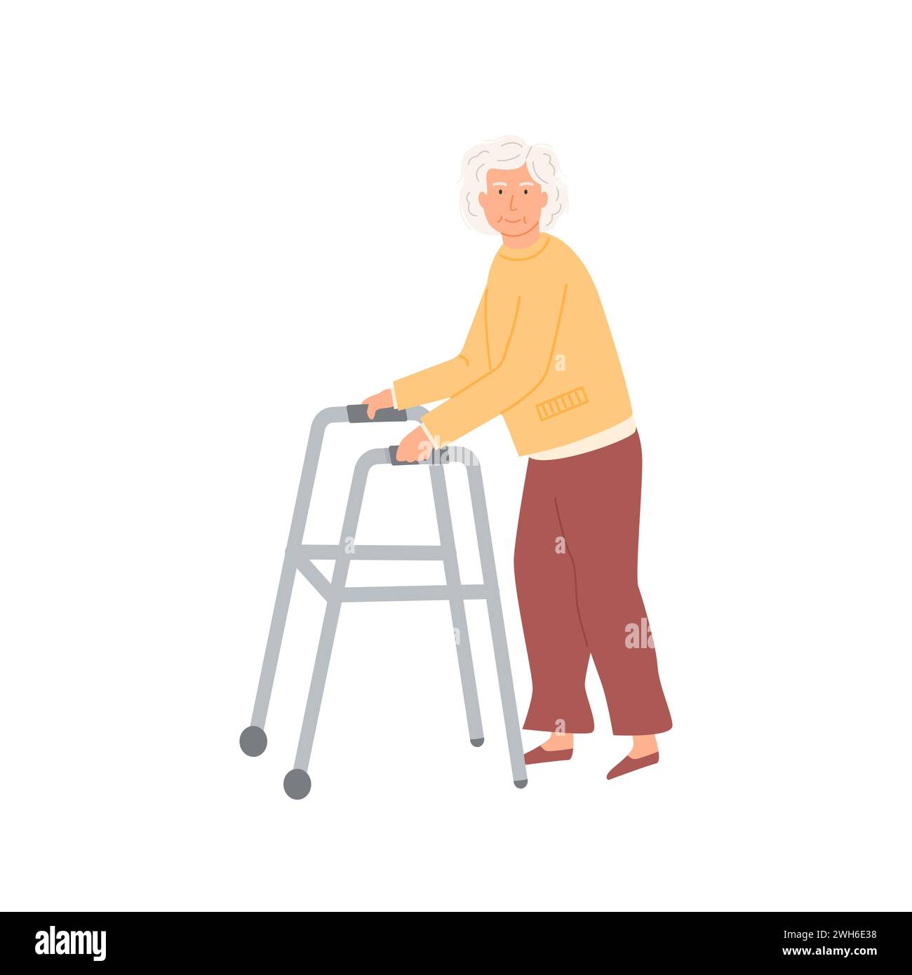 Elderly patient walking with a help of walker. Senior female in orthopaedic therapy rehabilitation. Old age woman with disability, rehabilitating phys Stock Vector