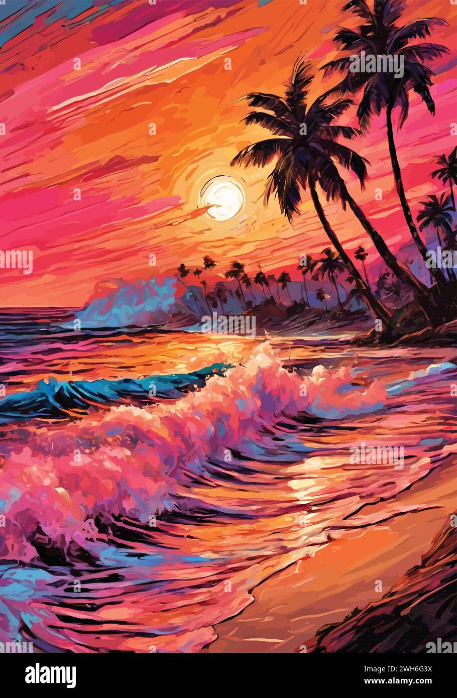 A Majestic Sunset with Palm Trees and Waves Animation Vector ...