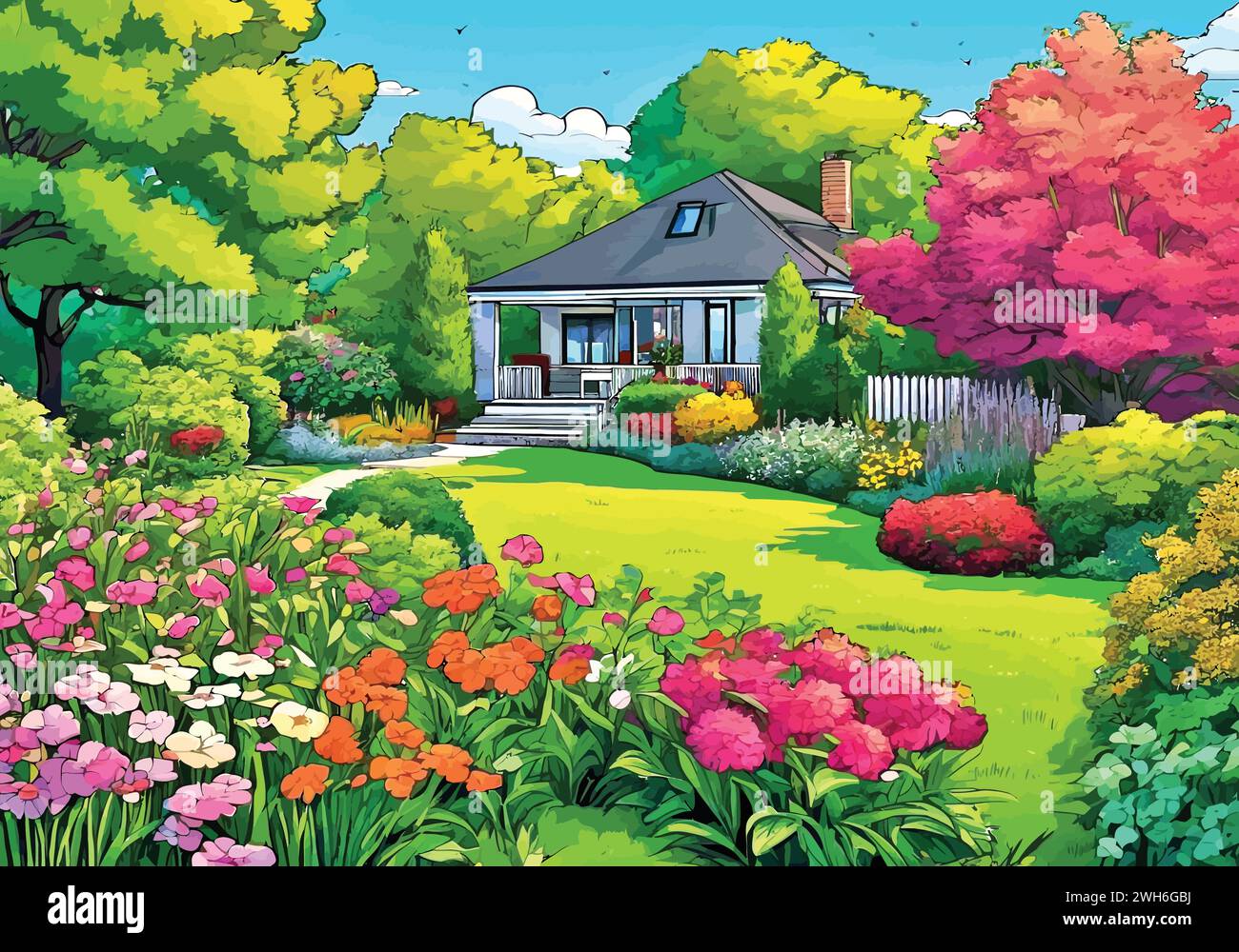 Garden landscape with vibrant flowers and greenery: Animation Vector ...