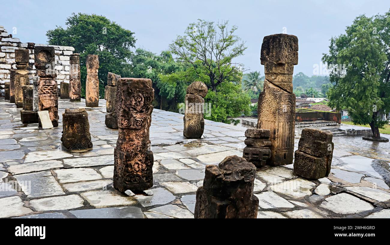 Broken Pillars Inside the Campus of Surang Tila Temple, Sirpur, Mahasamund, Chhattisgarh, India. Stock Photo