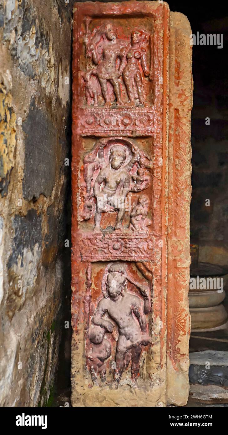 Carvings of Hindu Deities on the Surang Tila Temple, Sirpur, Mahasamund, Chhattisgarh, India. Stock Photo