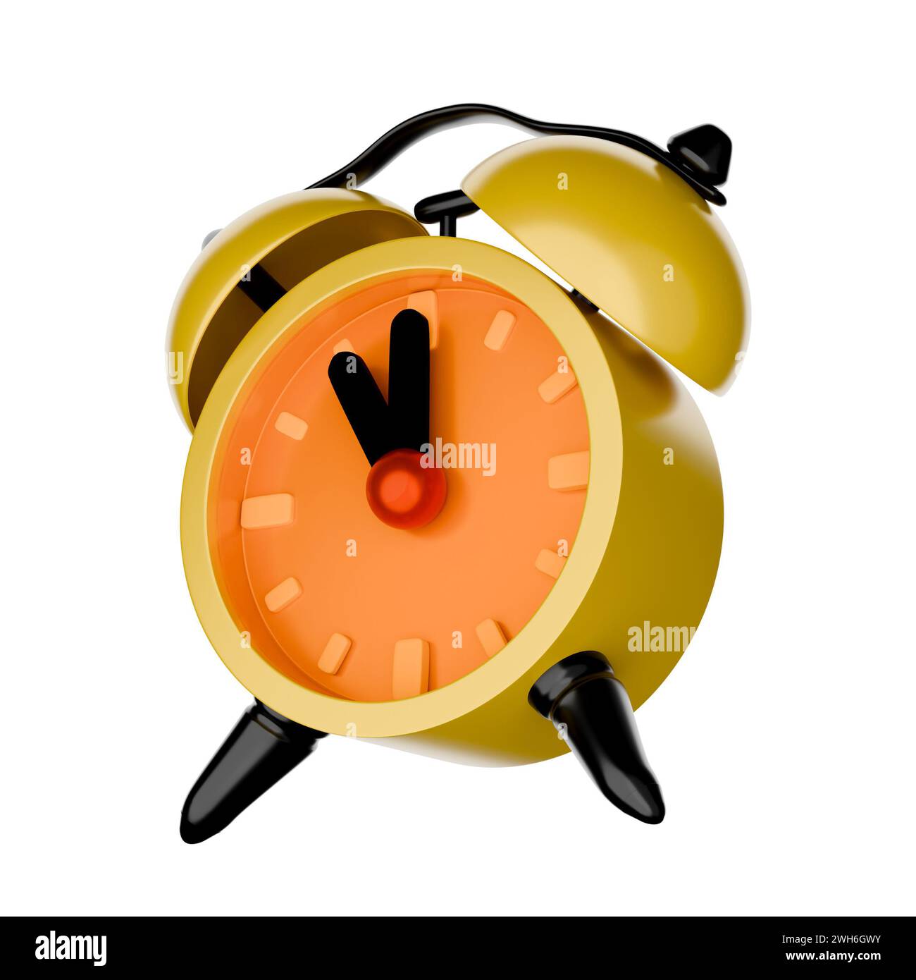 Yellow alarm clock, cartoon style, 3D rendering on white background have work path.Wake up at 11 am. Stock Photo