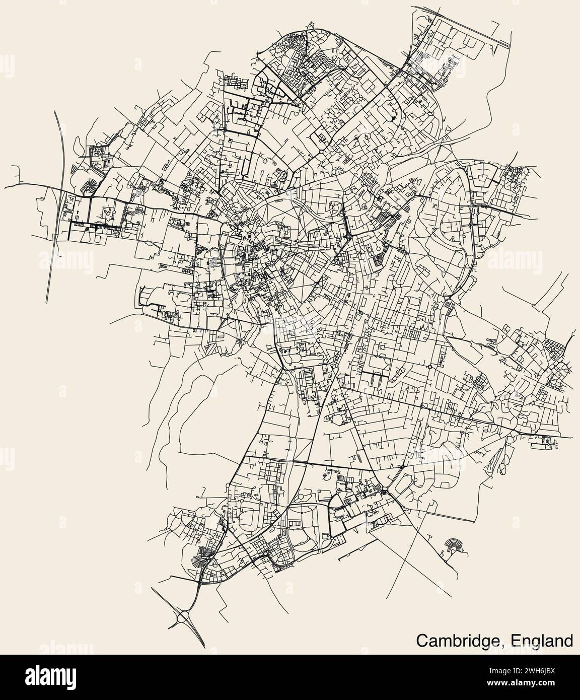 Street roads map of the British city of CAMBRIDGE, ENGLAND Stock Vector