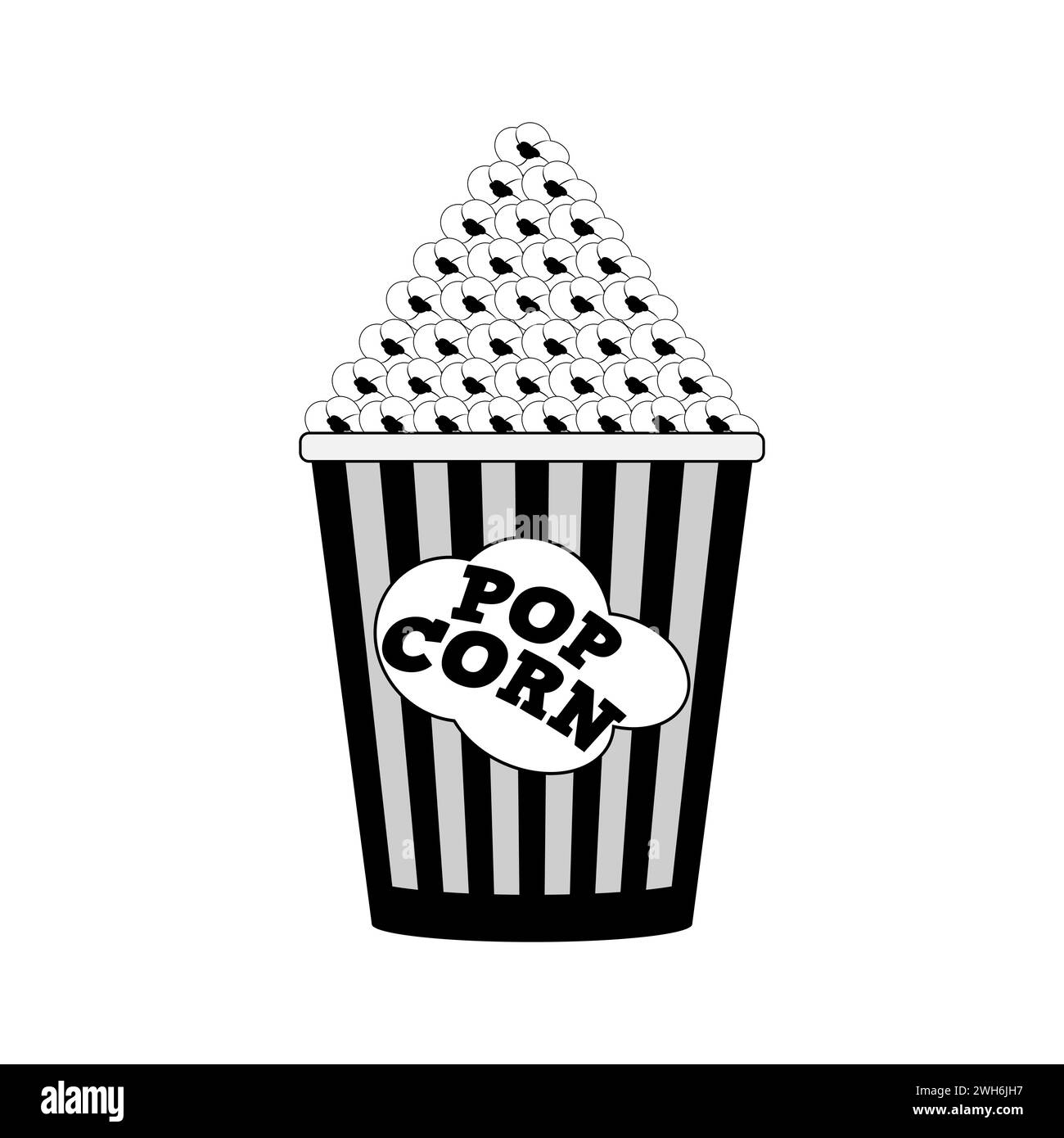 Full glass, bucket of popcorn. Black and white silhouette. Isolated