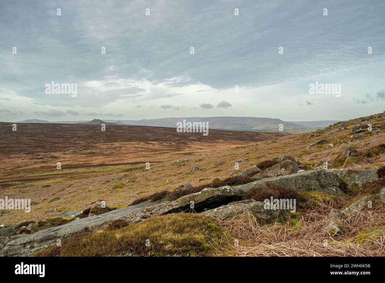 Stanage Edge bleak winter Derbyshire Peak District National Park rural landscape. Stock Photo