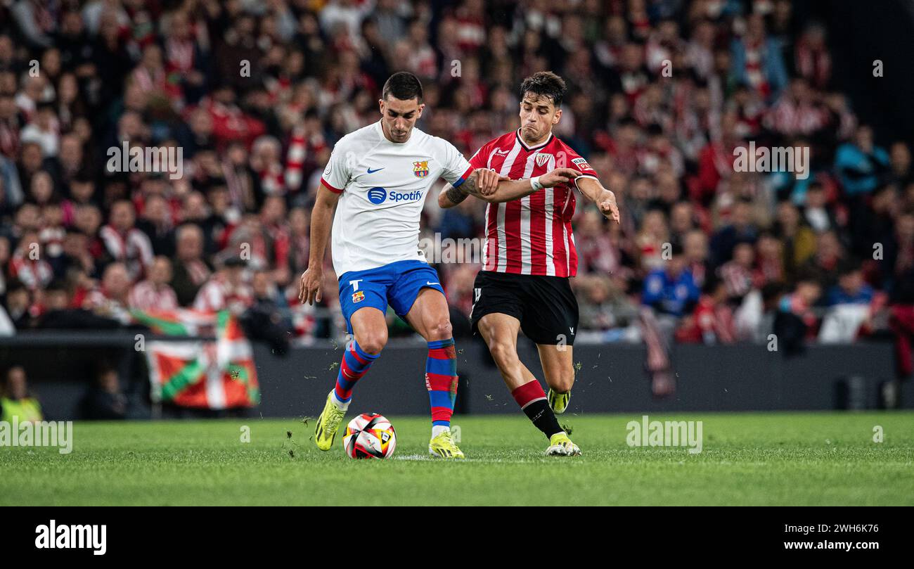 #7 Ferran Torres of FC Barcelona and #24 Benat Prados of Athletic Club fight for the ball during the Copa del Rey Quarter Final match between Athletic Club and FC Barcelona at San Mames Stadium on January 24, 2024 in Bilbao, Spain. Photo by Victor Fraile / Power Sport Images Stock Photo
