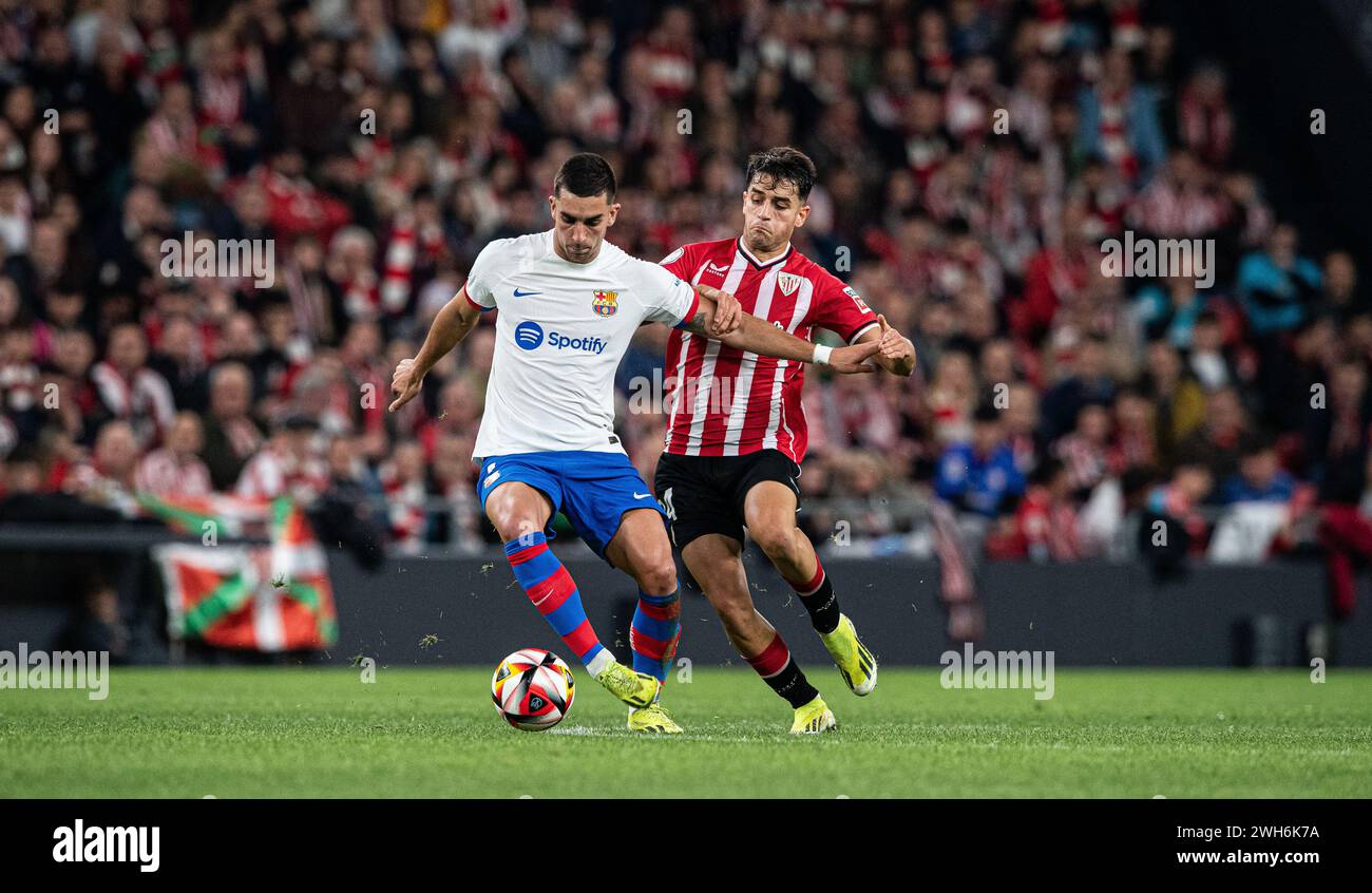 #7 Ferran Torres of FC Barcelona and #24 Benat Prados of Athletic Club fight for the ball during the Copa del Rey Quarter Final match between Athletic Club and FC Barcelona at San Mames Stadium on January 24, 2024 in Bilbao, Spain. Photo by Victor Fraile / Power Sport Images Stock Photo