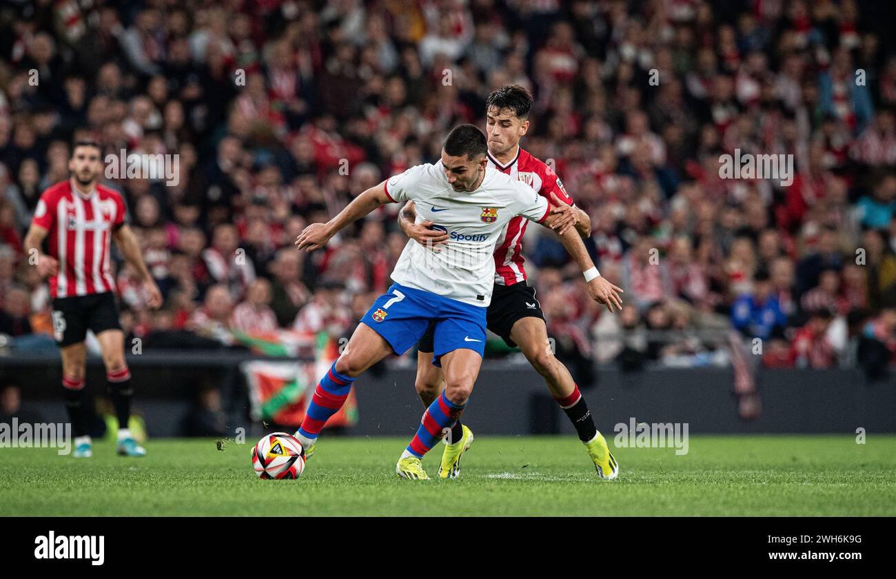 #7 Ferran Torres of FC Barcelona and #24 Benat Prados of Athletic Club fight for the ball during the Copa del Rey Quarter Final match between Athletic Club and FC Barcelona at San Mames Stadium on January 24, 2024 in Bilbao, Spain. Photo by Victor Fraile / Power Sport Images Stock Photo