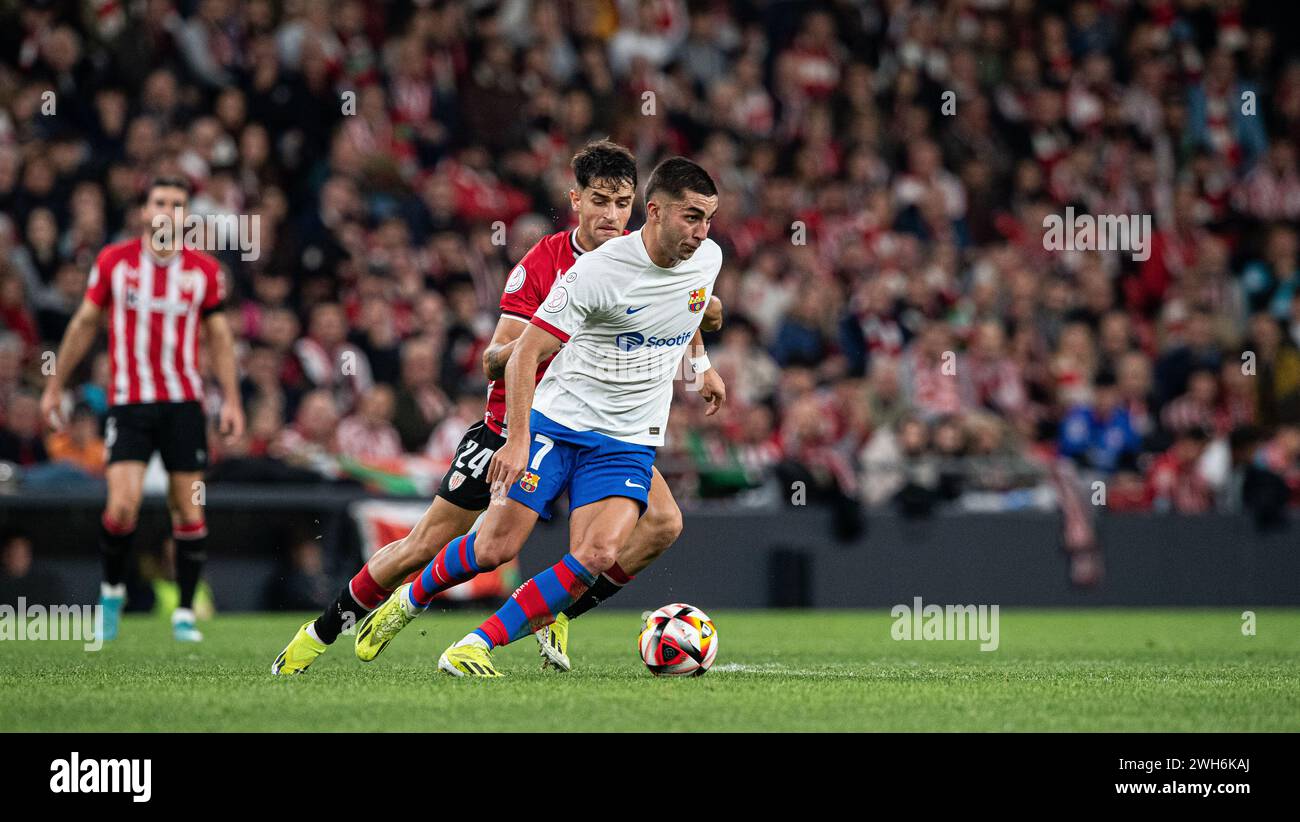 #7 Ferran Torres of FC Barcelona and #24 Benat Prados of Athletic Club fight for the ball during the Copa del Rey Quarter Final match between Athletic Club and FC Barcelona at San Mames Stadium on January 24, 2024 in Bilbao, Spain. Photo by Victor Fraile / Power Sport Images Stock Photo