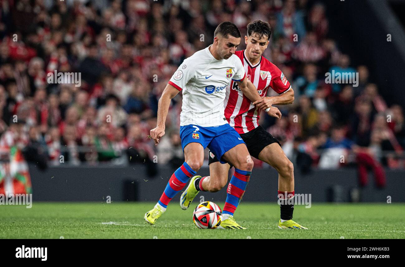 #7 Ferran Torres of FC Barcelona and #24 Benat Prados of Athletic Club fight for the ball during the Copa del Rey Quarter Final match between Athletic Club and FC Barcelona at San Mames Stadium on January 24, 2024 in Bilbao, Spain. Photo by Victor Fraile / Power Sport Images Stock Photo
