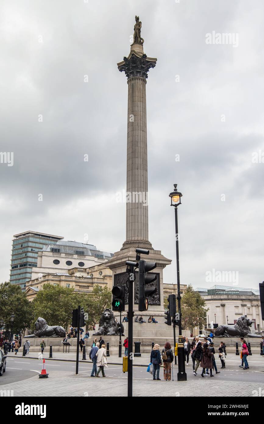 People crossing the road near Nelson's Column, Trafalgar Square, London, England Stock Photo