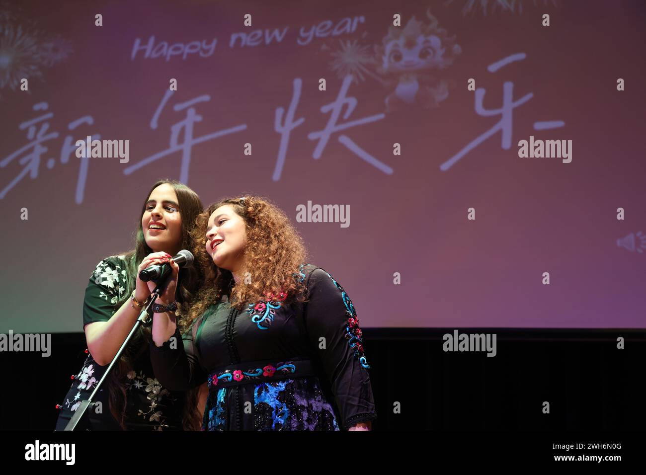 Casablanca, Morocco. 6th Feb, 2024. Students sing a Chinese song during a celebration for the upcoming Chinese Lunar New Year at Hassan II University in Casablanca, Morocco, Feb. 6, 2024. Credit: Huo Jing/Xinhua/Alamy Live News Stock Photo