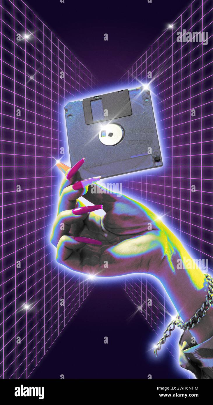 Poster. Modern aesthetic artwork. Female hand holds vintage floppy disk, diskette against