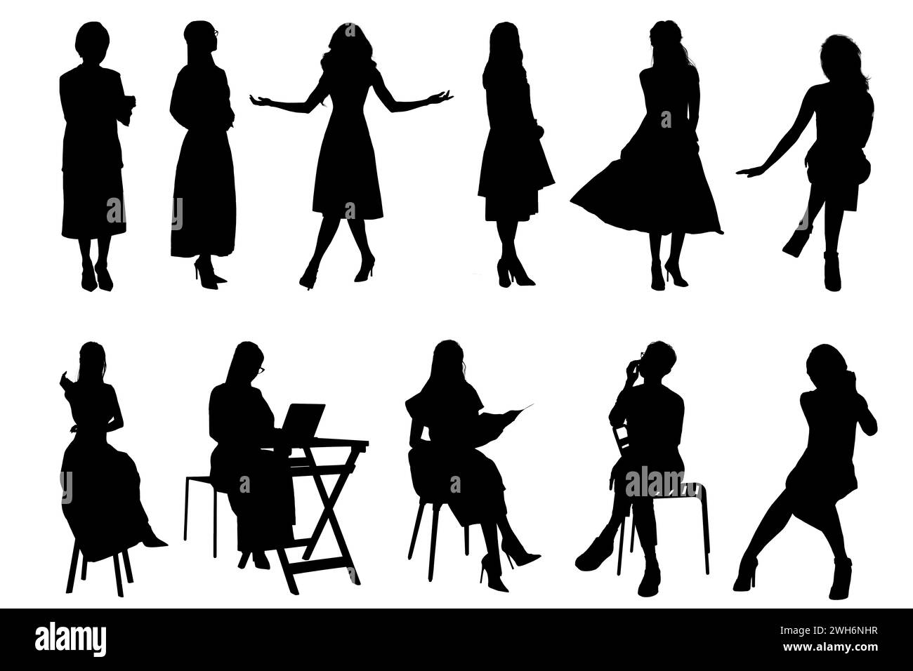Silhouettes of young business woman working, group of people isolated on white background Stock Photo