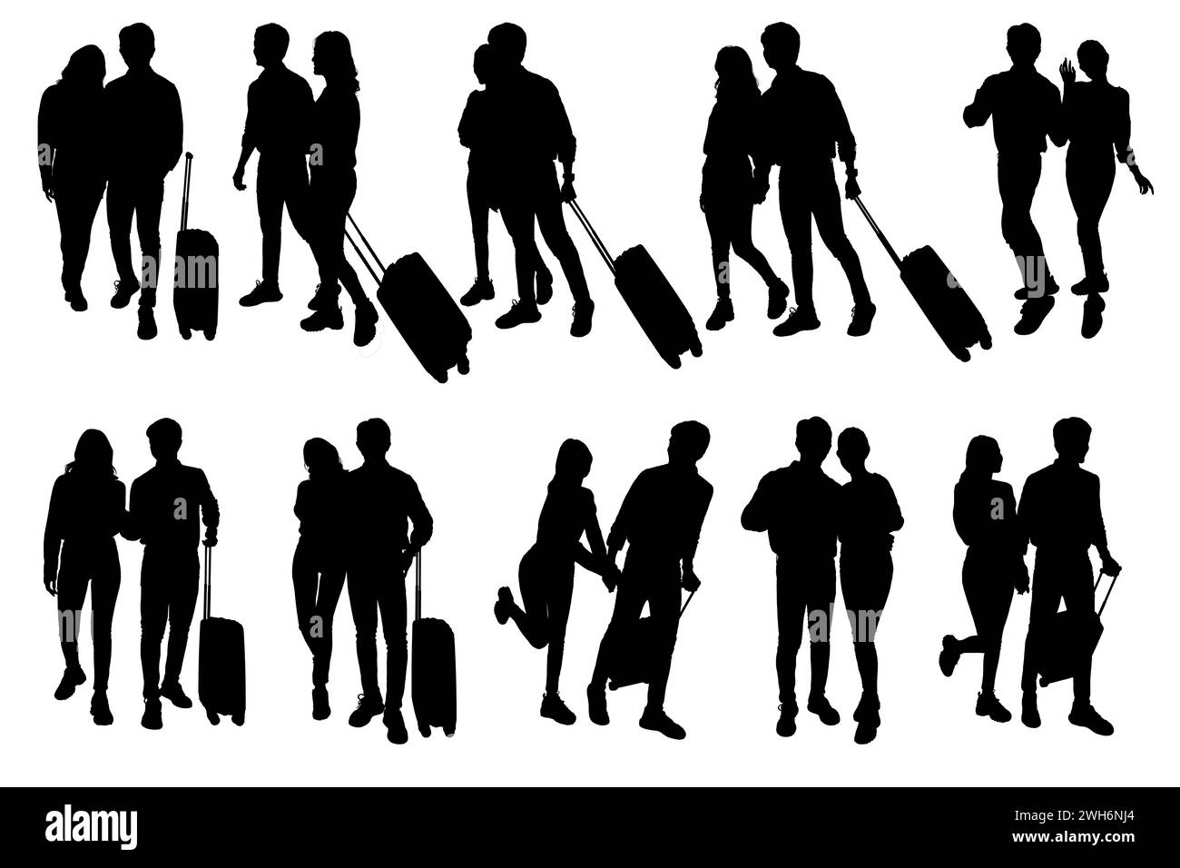 Silhouettes of happy couple traveling with suitcase in hand, isolated on white background Stock Photo